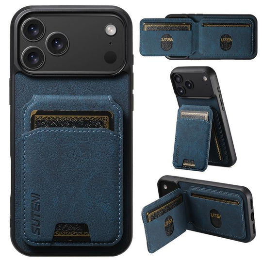 For iPhone 17 Pro Max Suteni H02 Litchi Leather Card Wallet Stand Back Phone Case(Blue)