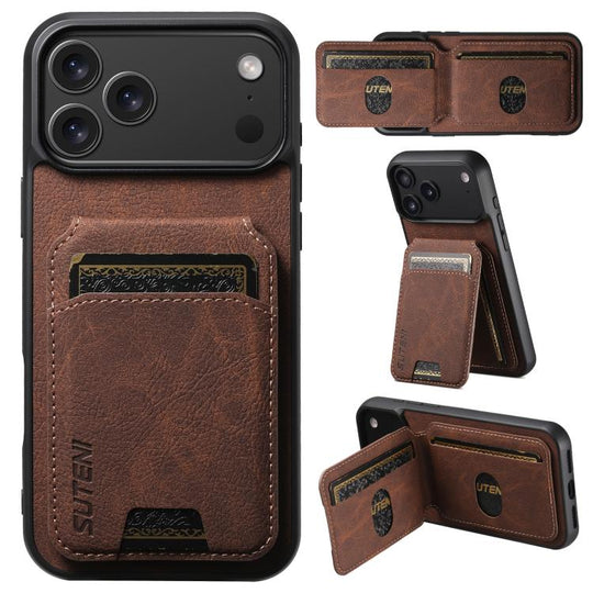 For iPhone 17 Pro Suteni H02 Litchi Leather Card Wallet Stand Back Phone Case(Brown)
