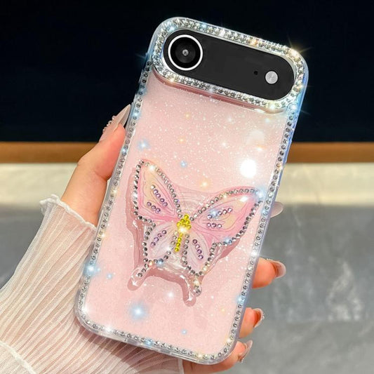 For iPhone Air Diamond Glitter Butterfly Holder Phone Case(Light Pink) - iPhone Air Cases by buy2fix | Online Shopping UK | buy2fix