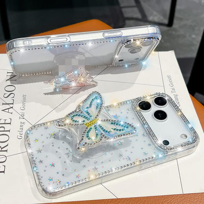 For iPhone Air Diamond Glitter Butterfly Holder Phone Case(Light Yellow) - iPhone Air Cases by buy2fix | Online Shopping UK | buy2fix