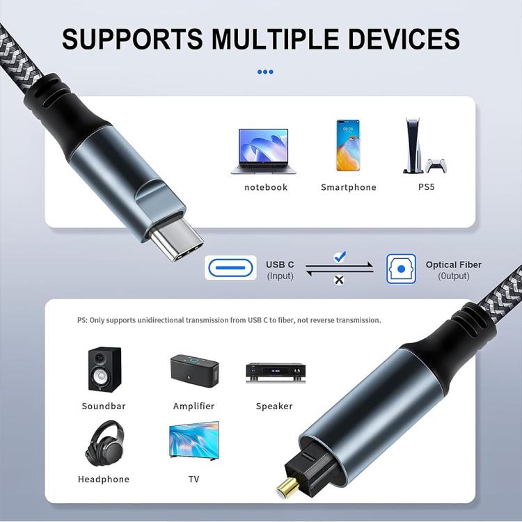 1.2m JUNSUNMAY Male USB Type-C to Male Toslink Optical Audio SPDIF Cable - USB Cable by JUNSUNMAY | Online Shopping UK | buy2fix