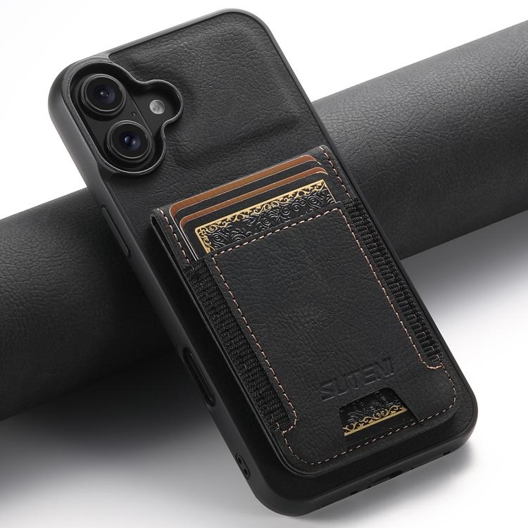 For iPhone 17 Suteni H03 Litchi Leather Card Bag Stand Back Phone Case(Black) - iPhone 17 Cases by Suteni | Online Shopping UK | buy2fix