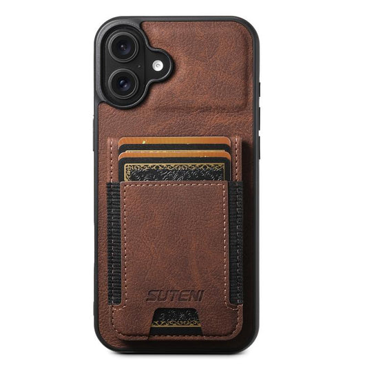 For iPhone 17 Suteni H03 Litchi Leather Card Bag Stand Back Phone Case(Brown) - iPhone 17 Cases by Suteni | Online Shopping UK | buy2fix