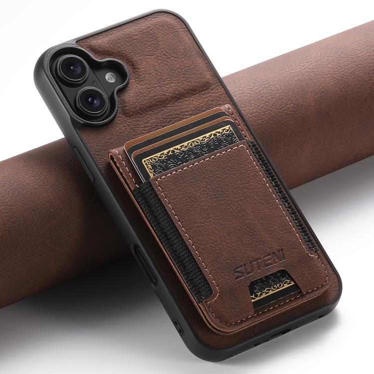For iPhone 17 Suteni H03 Litchi Leather Card Bag Stand Back Phone Case(Brown) - iPhone 17 Cases by Suteni | Online Shopping UK | buy2fix