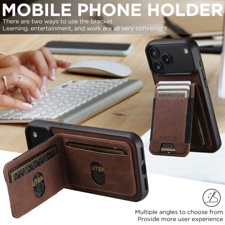 For iPhone 17 Suteni H03 Litchi Leather Card Bag Stand Back Phone Case(Brown) - iPhone 17 Cases by Suteni | Online Shopping UK | buy2fix