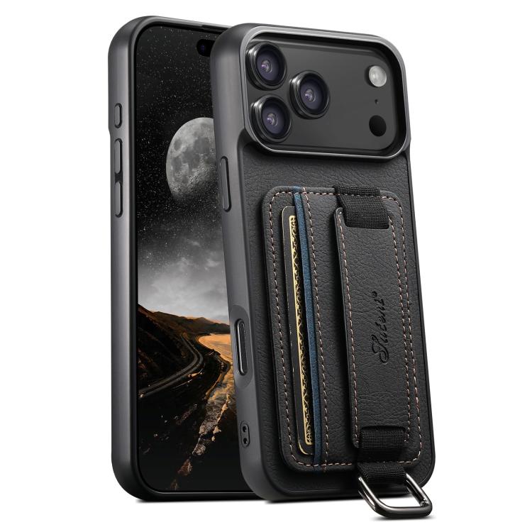 For iPhone 17 Pro Max Suteni H13 Litchi Leather Wrist Strap Wallet Back Phone Case(Black) - iPhone 17 Pro Max Cases by Suteni | Online Shopping UK | buy2fix