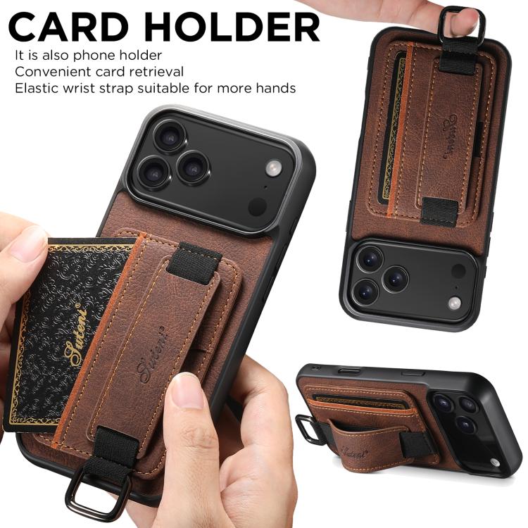 For iPhone 17 Pro Max Suteni H13 Litchi Leather Wrist Strap Wallet Back Phone Case(Brown) - iPhone 17 Pro Max Cases by Suteni | Online Shopping UK | buy2fix