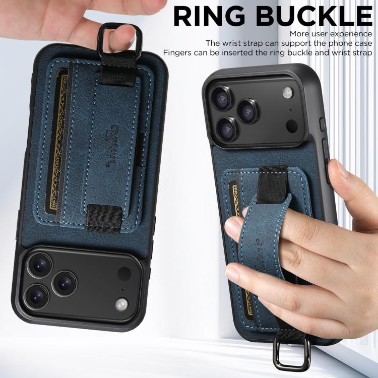 For iPhone 17 Pro Max Suteni H13 Litchi Leather Wrist Strap Wallet Back Phone Case(Blue) - iPhone 17 Pro Max Cases by Suteni | Online Shopping UK | buy2fix