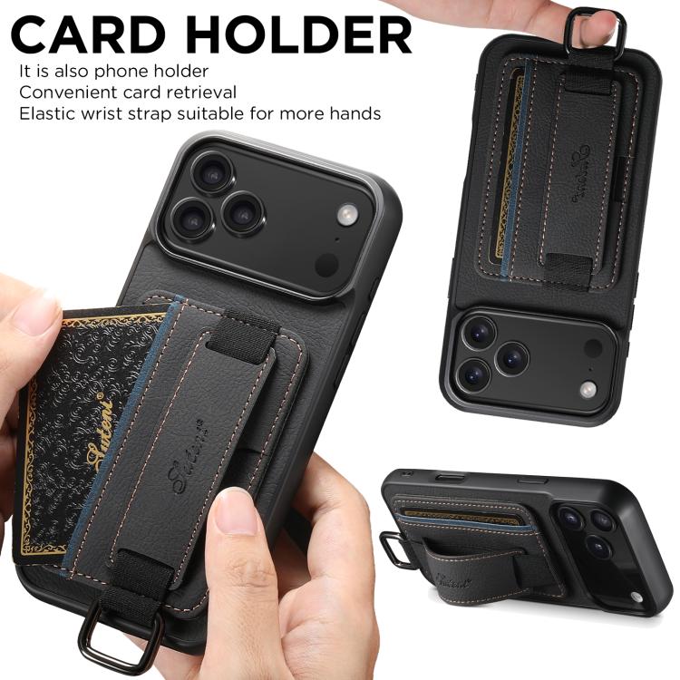 For iPhone 17 Suteni H13 Litchi Leather Wrist Strap Wallet Back Phone Case(Black) - iPhone 17 Cases by Suteni | Online Shopping UK | buy2fix