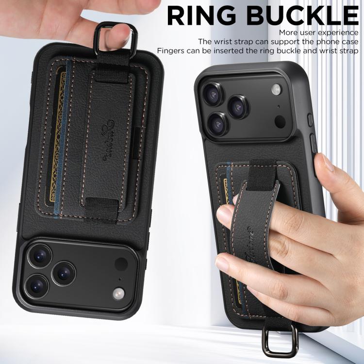 For iPhone 17 Suteni H13 Litchi Leather Wrist Strap Wallet Back Phone Case(Black) - iPhone 17 Cases by Suteni | Online Shopping UK | buy2fix