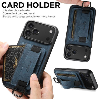 For iPhone 17 Suteni H13 Litchi Leather Wrist Strap Wallet Back Phone Case(Blue) - iPhone 17 Cases by Suteni | Online Shopping UK | buy2fix