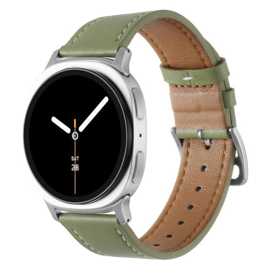 For Galaxy Watch9 / 8 / 8 Classic Stainless Steel Silver Buckle Genuine Leather Watch Band(Avocado Green)