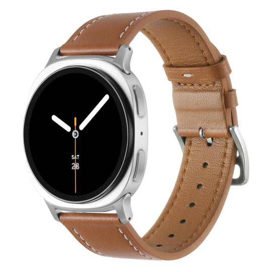 For Galaxy Watch9 / 8 / 8 Classic Stainless Steel Silver Buckle Genuine Leather Watch Band(Brown)