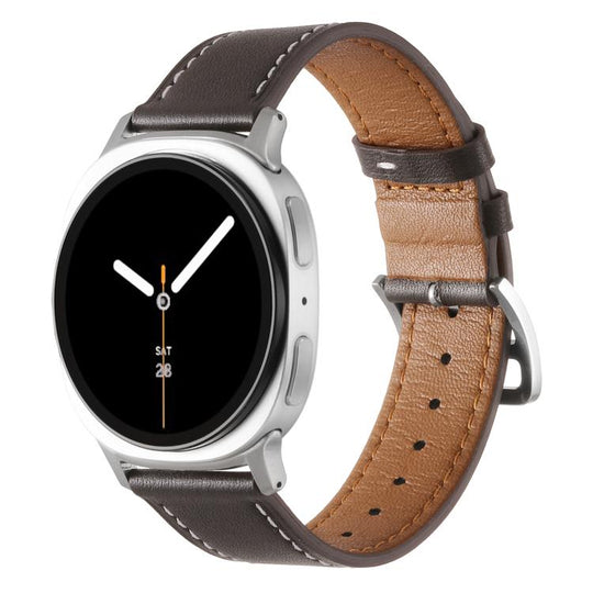For Galaxy Watch9 / 8 / 8 Classic Stainless Steel Silver Buckle Genuine Leather Watch Band(Coffee Brown)