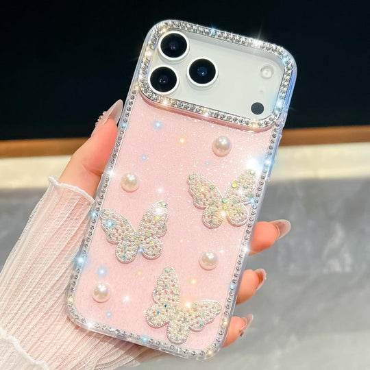 For iPhone 18 Pro Max / 17 Pro Max Diamond Glitter Pearl Butterfly Four-Corner Shockproof Phone Case(Light Pink)