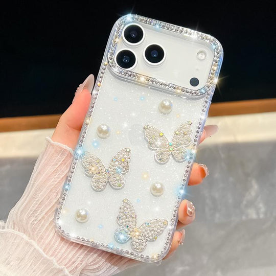 For iPhone 18 Pro Max / 17 Pro Max Diamond Glitter Pearl Butterfly Four-Corner Shockproof Phone Case(White)