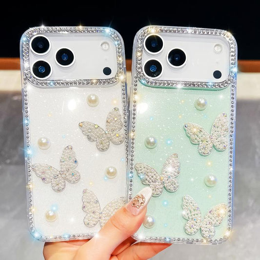 For iPhone Air Diamond Glitter Pearl Butterfly Four-Corner Shockproof Phone Case(Light Yellow) - iPhone Air Cases by buy2fix | Online Shopping UK | buy2fix