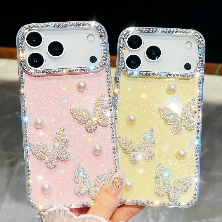 For iPhone Air Diamond Glitter Pearl Butterfly Four-Corner Shockproof Phone Case(Light Green) - iPhone Air Cases by buy2fix | Online Shopping UK | buy2fix