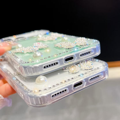 For iPhone Air Diamond Glitter Pearl Butterfly Four-Corner Shockproof Phone Case(Light Green) - iPhone Air Cases by buy2fix | Online Shopping UK | buy2fix