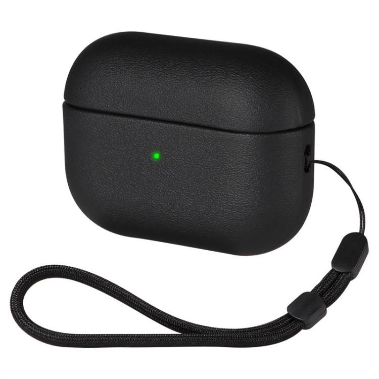 For AirPods Pro 3 Simple Solid Color Soft Leather Texture TPU Earphone Protective Cover with Strap(Black) - For AirPods Pro 3 by buy2fix | Online Shopping UK | buy2fix
