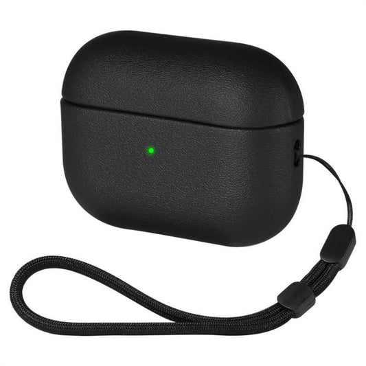 For AirPods Pro 3 Simple Solid Color Soft Leather Texture TPU Earphone Protective Cover with Strap(Black) - For AirPods Pro 3 by buy2fix | Online Shopping UK | buy2fix