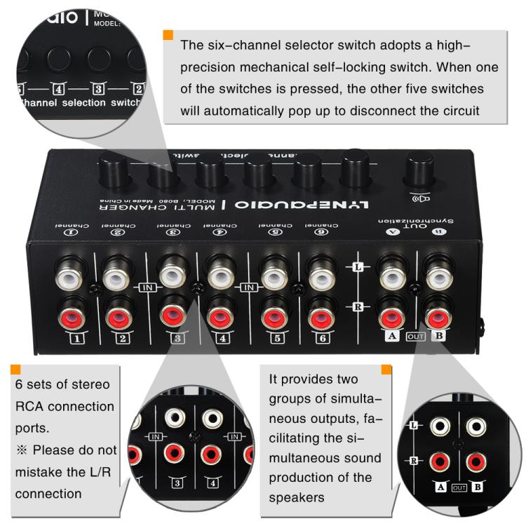 B080 6 Input 2 Output Audio Signal Selector Audio Switcher, 2-Channel Synchronous Output RCA Interface -  by buy2fix | Online Shopping UK | buy2fix