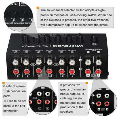 B080 6 Input 2 Output Audio Signal Selector Audio Switcher, 2-Channel Synchronous Output RCA Interface -  by buy2fix | Online Shopping UK | buy2fix