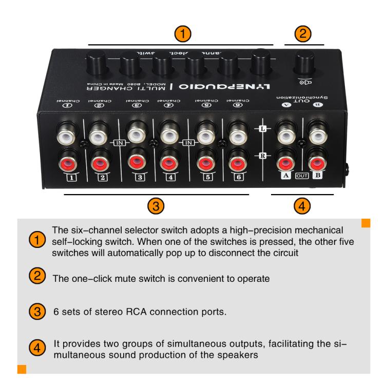 B080 6 Input 2 Output Audio Signal Selector Audio Switcher, 2-Channel Synchronous Output RCA Interface -  by buy2fix | Online Shopping UK | buy2fix
