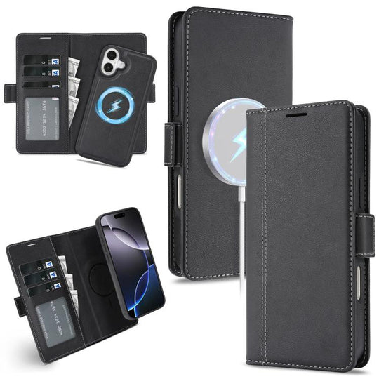 For iPhone 16 Plus Kalebol Strong Magnetic MagSafe Ring 2 In 1 Split Leather Phone Case(Black)