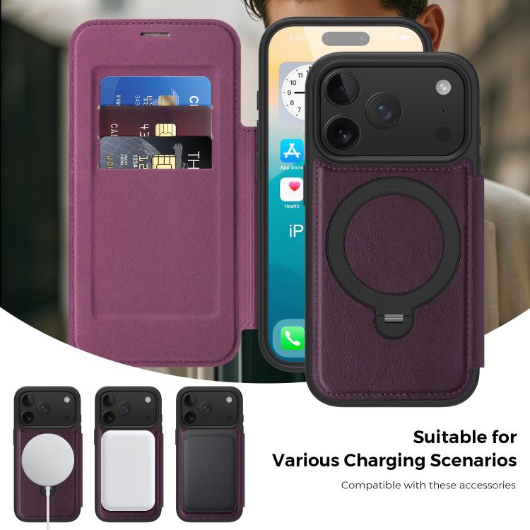 For iPhone 17 Pro Knight Shield 360 Rotation Holder MagSafe RFID Leather Phone Case(Purple) - iPhone 17 Pro Cases by buy2fix | Online Shopping UK | buy2fix