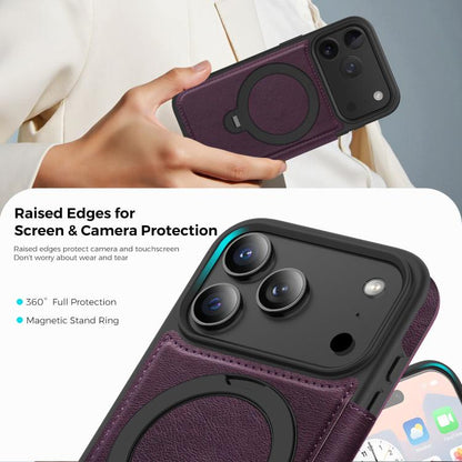 For iPhone 17 Pro Knight Shield 360 Rotation Holder MagSafe RFID Leather Phone Case(Purple) - iPhone 17 Pro Cases by buy2fix | Online Shopping UK | buy2fix