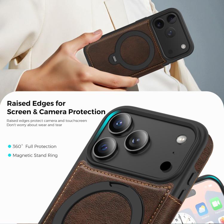 For iPhone 17 Pro Knight Shield 360 Rotation Holder MagSafe RFID Leather Phone Case(Coffee) - iPhone 17 Pro Cases by buy2fix | Online Shopping UK | buy2fix
