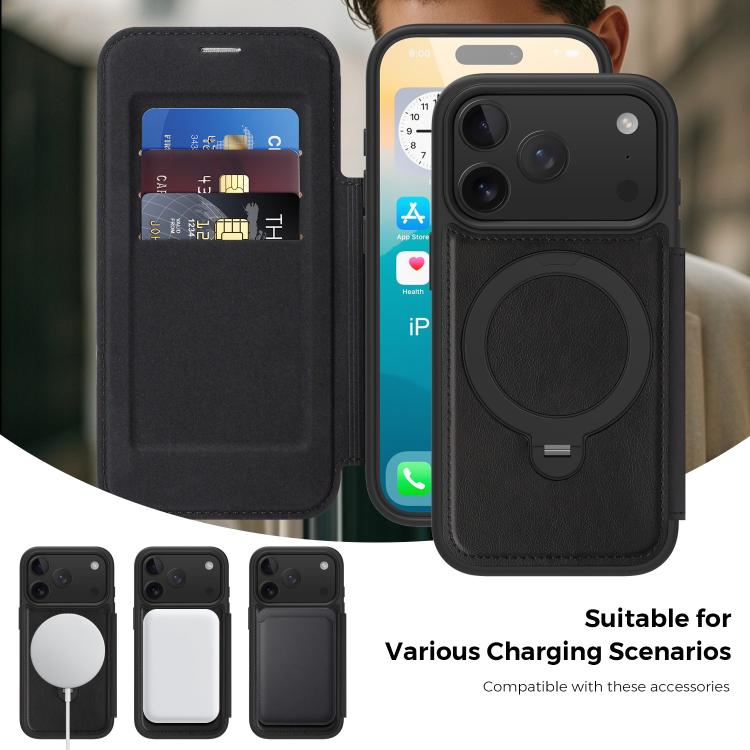 For iPhone 17 Pro Knight Shield 360 Rotation Holder MagSafe RFID Leather Phone Case(Black) - iPhone 17 Pro Cases by buy2fix | Online Shopping UK | buy2fix