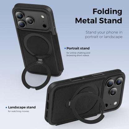 For iPhone 17 Pro Knight Shield 360 Rotation Holder MagSafe RFID Leather Phone Case(Black) - iPhone 17 Pro Cases by buy2fix | Online Shopping UK | buy2fix