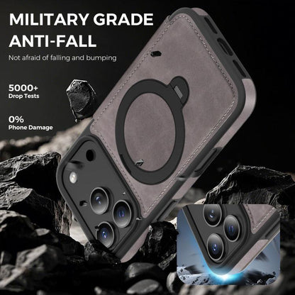 For iPhone 17 Pro Knight Shield 360 Rotation Holder MagSafe RFID Leather Phone Case(Grey) - iPhone 17 Pro Cases by buy2fix | Online Shopping UK | buy2fix