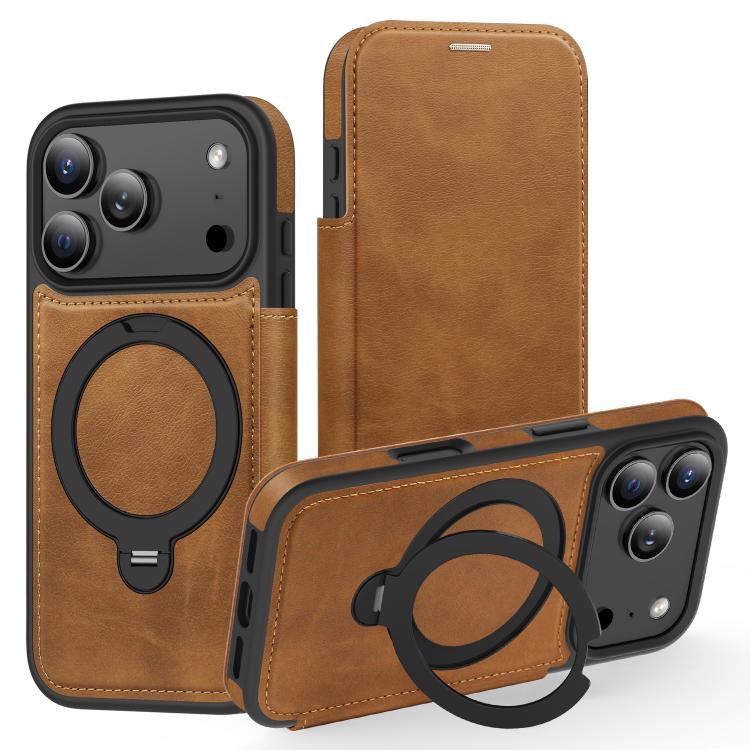 For iPhone 17 Pro Knight Shield 360 Rotation Holder MagSafe RFID Leather Phone Case(Brown) - iPhone 17 Pro Cases by buy2fix | Online Shopping UK | buy2fix