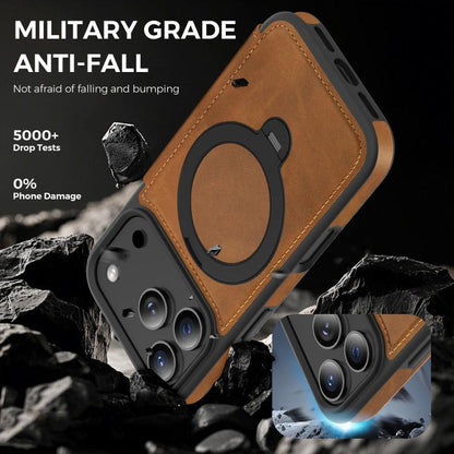 For iPhone 17 Pro Knight Shield 360 Rotation Holder MagSafe RFID Leather Phone Case(Brown) - iPhone 17 Pro Cases by buy2fix | Online Shopping UK | buy2fix