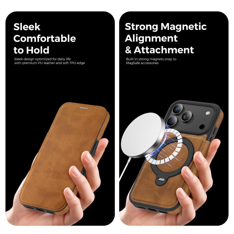 For iPhone 17 Pro Knight Shield 360 Rotation Holder MagSafe RFID Leather Phone Case(Brown) - iPhone 17 Pro Cases by buy2fix | Online Shopping UK | buy2fix