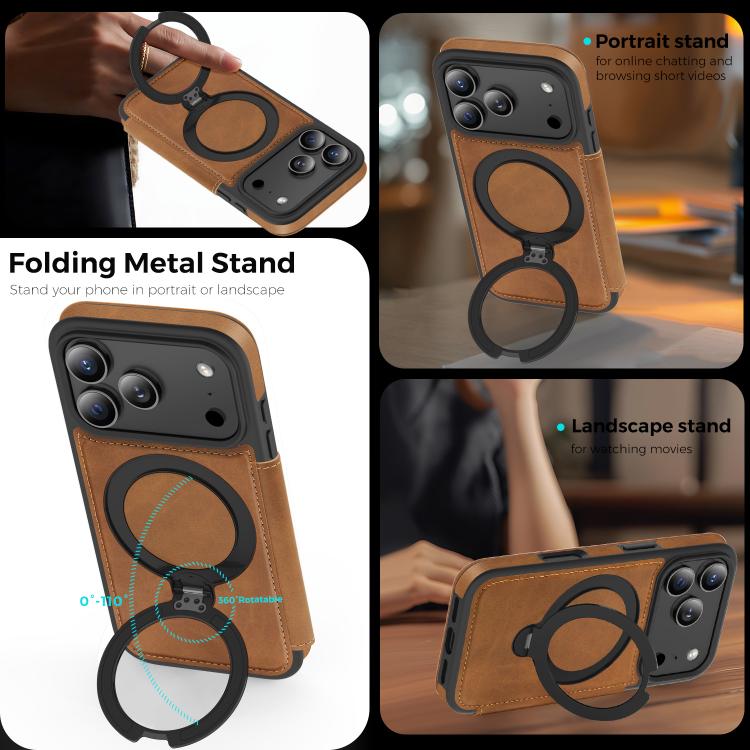 For iPhone 17 Pro Knight Shield 360 Rotation Holder MagSafe RFID Leather Phone Case(Brown) - iPhone 17 Pro Cases by buy2fix | Online Shopping UK | buy2fix