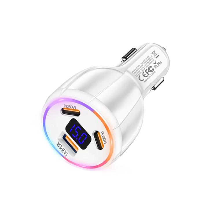 TE-S02 Display Screen PD30W x 2 and QC 30W Car Charger for Mobile Phones / Tablets(White) - Car Charger by buy2fix | Online Shopping UK | buy2fix