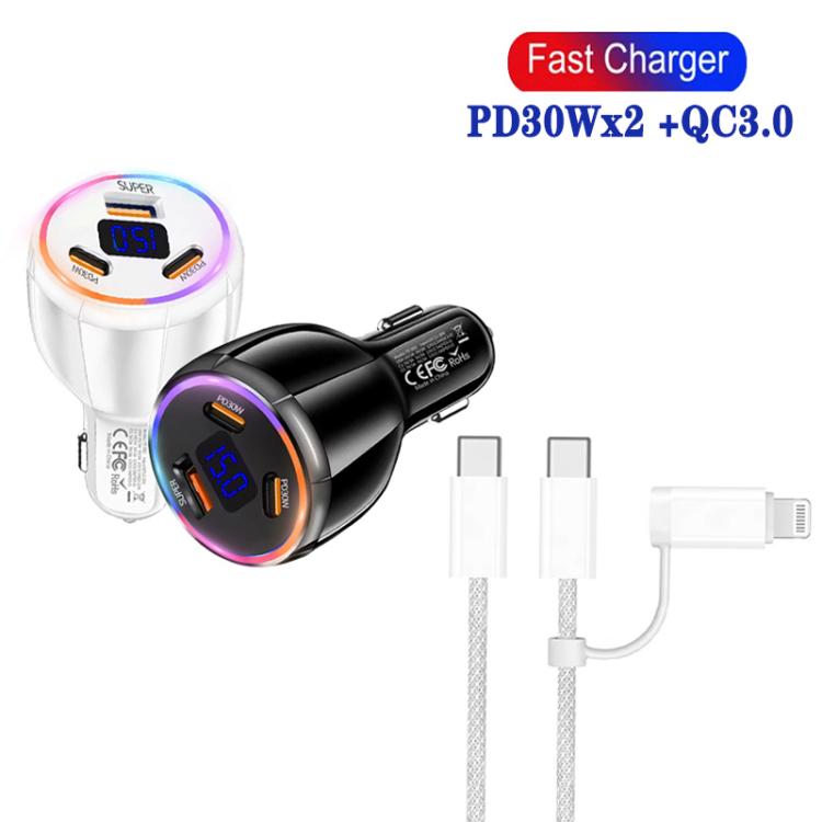 TE-S02 Display Screen PD30W x 2 + QC 30W Car Charger with Type-C to Type-C / 8-pin Data Cable(Black) - Car Charger by buy2fix | Online Shopping UK | buy2fix