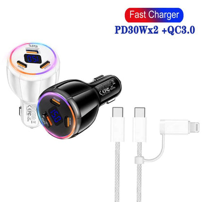 TE-S02 Display Screen PD30W x 2 + QC 30W Car Charger with Type-C to Type-C / 8-pin Data Cable(White) - Car Charger by buy2fix | Online Shopping UK | buy2fix