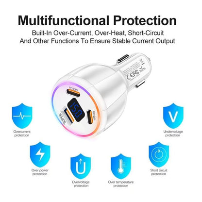 TE-S02 Display Screen PD30W x 2 + QC 30W Car Charger with Type-C to Type-C / 8-pin Data Cable(White) - Car Charger by buy2fix | Online Shopping UK | buy2fix