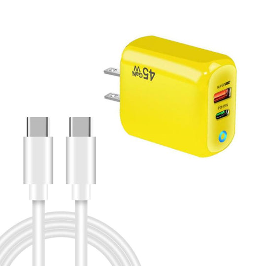 TE-PD45 GaN 45W PD3.0 / Type-C + USB 3.0 Charger with Type-C to Type-C Data Cable, US  Plug(Yellow)