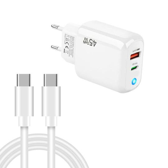 TE-PD45 GaN 45W PD3.0 / Type-C + USB 3.0 Charger with Type-C to Type-C Data Cable, EU  Plug(White)