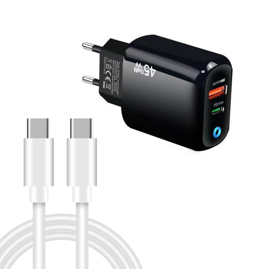 TE-PD45 GaN 45W PD3.0 / Type-C + USB 3.0 Charger with Type-C to Type-C Data Cable, EU  Plug(Black)