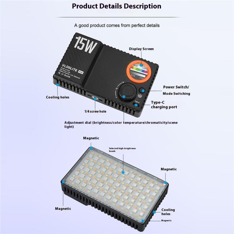 VLOGLITE K15RGB Photography Studio Camera Lamp 15W Full Color Fill Light RGB LED Video Light -  by VLOGLITE | Online Shopping UK | buy2fix