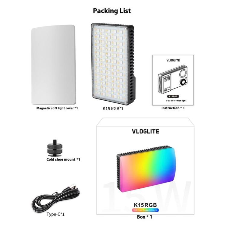 VLOGLITE K15RGB Photography Studio Camera Lamp 15W Full Color Fill Light RGB LED Video Light -  by VLOGLITE | Online Shopping UK | buy2fix