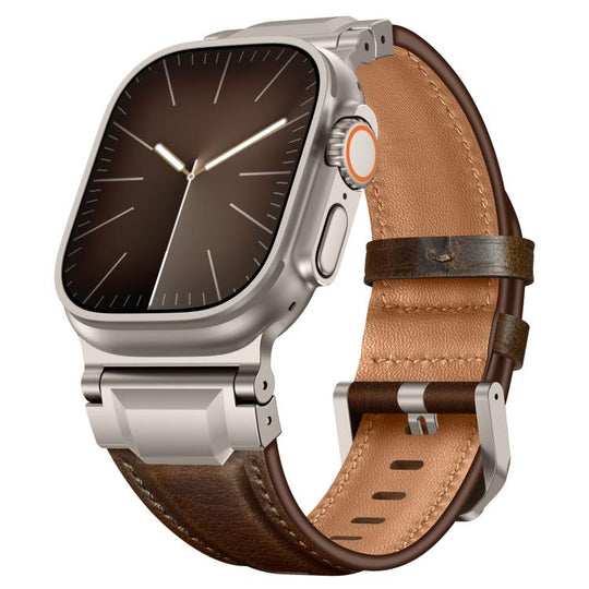 For Apple Watch 46mm / 49mm / 45mm / 44mm Armour-style Leather Watch Band(Coffee Brown Titanium Buckle)