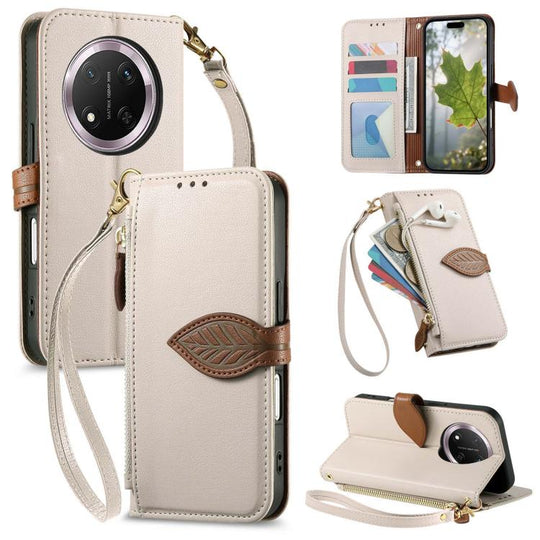 For Honor X9c / Magic 7 Lite Leaf Buckle Zipper Wallet Leather Phone Case with Strap(Beige)